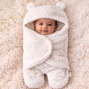 Blue Snail Teddy Bear Sherpa Baby Bunting (White) 0–6M